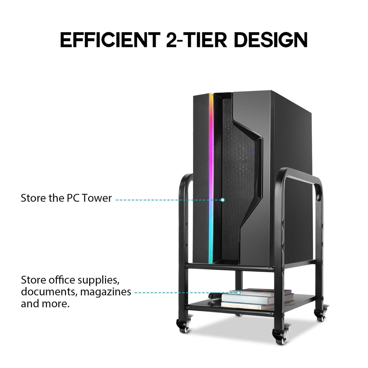 Black 2-tier CPU holder cart with glowing RGB, placed on black caster wheels, storing PC Tower and office supplies.