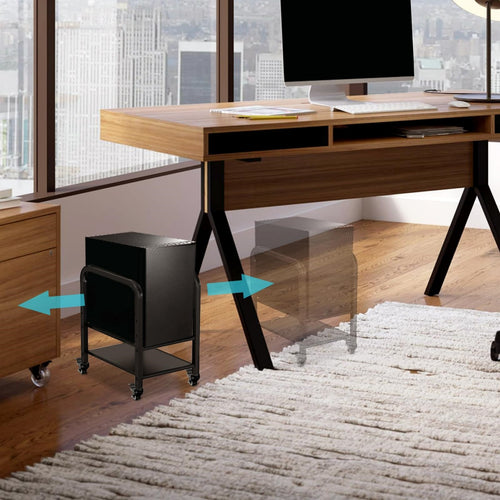 Black 2-tier CPU holder cart with gold accents under a wooden desk, overlooking a city skyline.