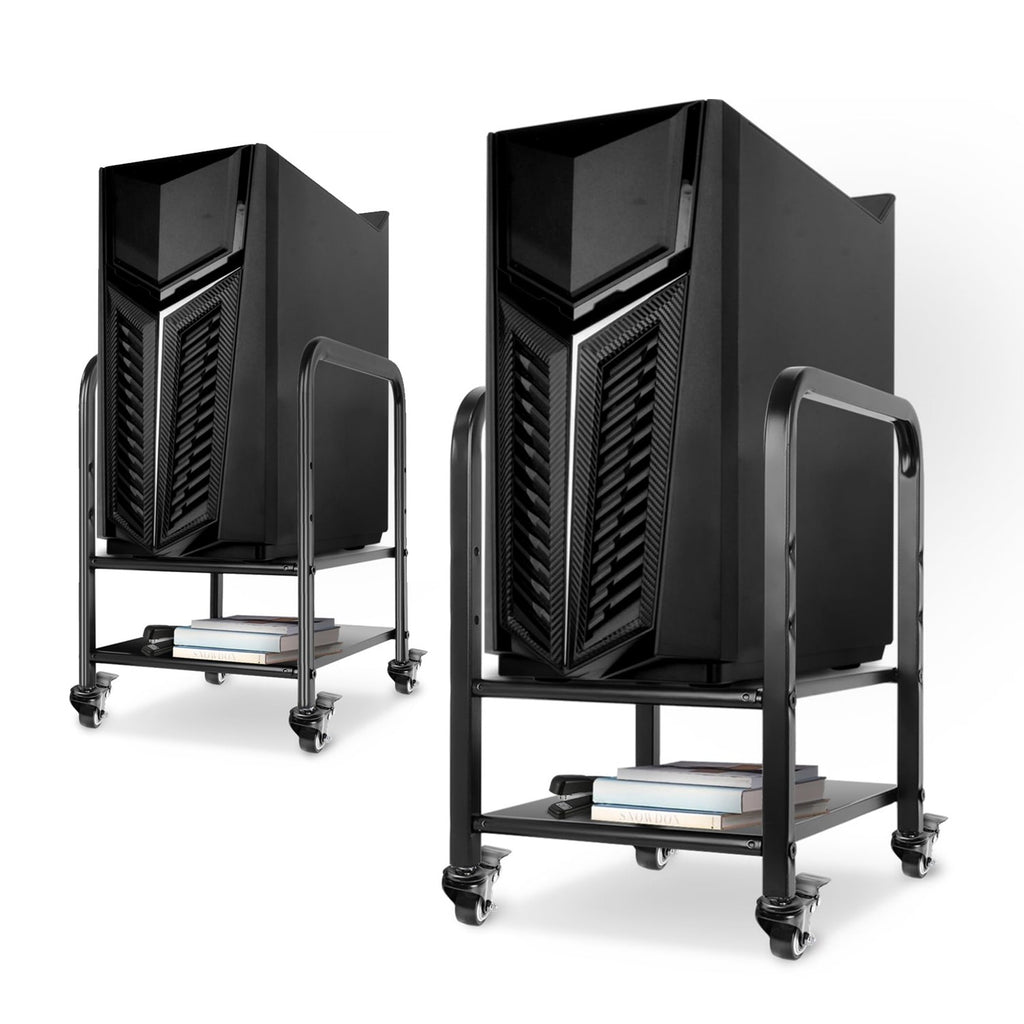 Black 2-tier CPU holder cart with angular front pattern, placed on black caster wheels and on a light gray surface.