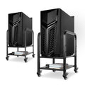 Black 2-tier CPU holder cart with angular front pattern, placed on black caster wheels and on a light gray surface.
