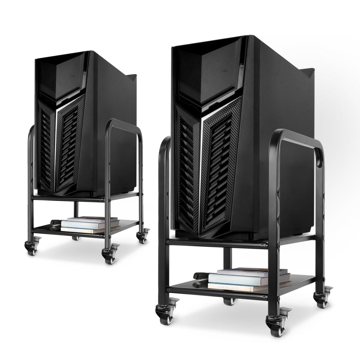 Black 2-tier CPU holder cart with angular front pattern, placed on black caster wheels and on a light gray surface.