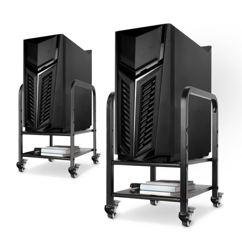 Black 2-tier CPU holder cart with angular front pattern, placed on black caster wheels and on a light gray surface.
