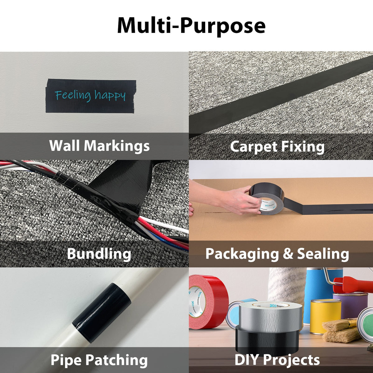 Black Duct Tape 2" x 30yds Roll, IP65 Waterproof Heavy Duty for Crafts & Repairs - Picture 6 of 7