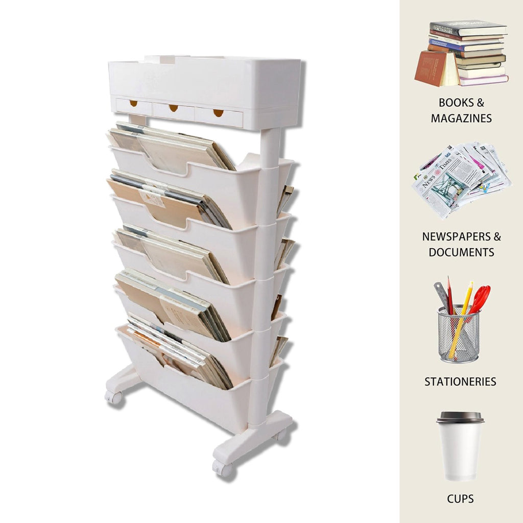 6-Tier Rolling Book Cart Mobile Storage Organizer with Wheels for Office Home - Picture 1 of 7