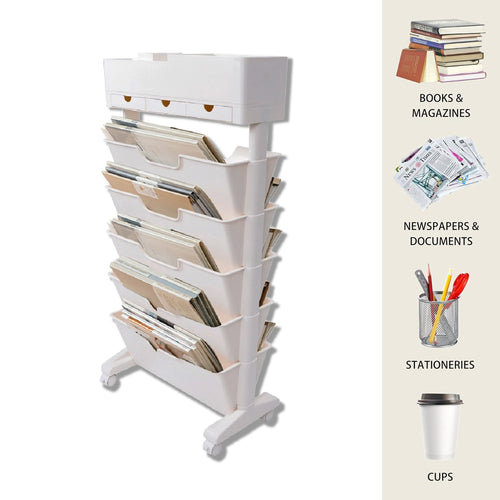 6-Tier Rolling Book Cart Mobile Storage Organizer with Wheels for Office Home - Picture 1 of 7