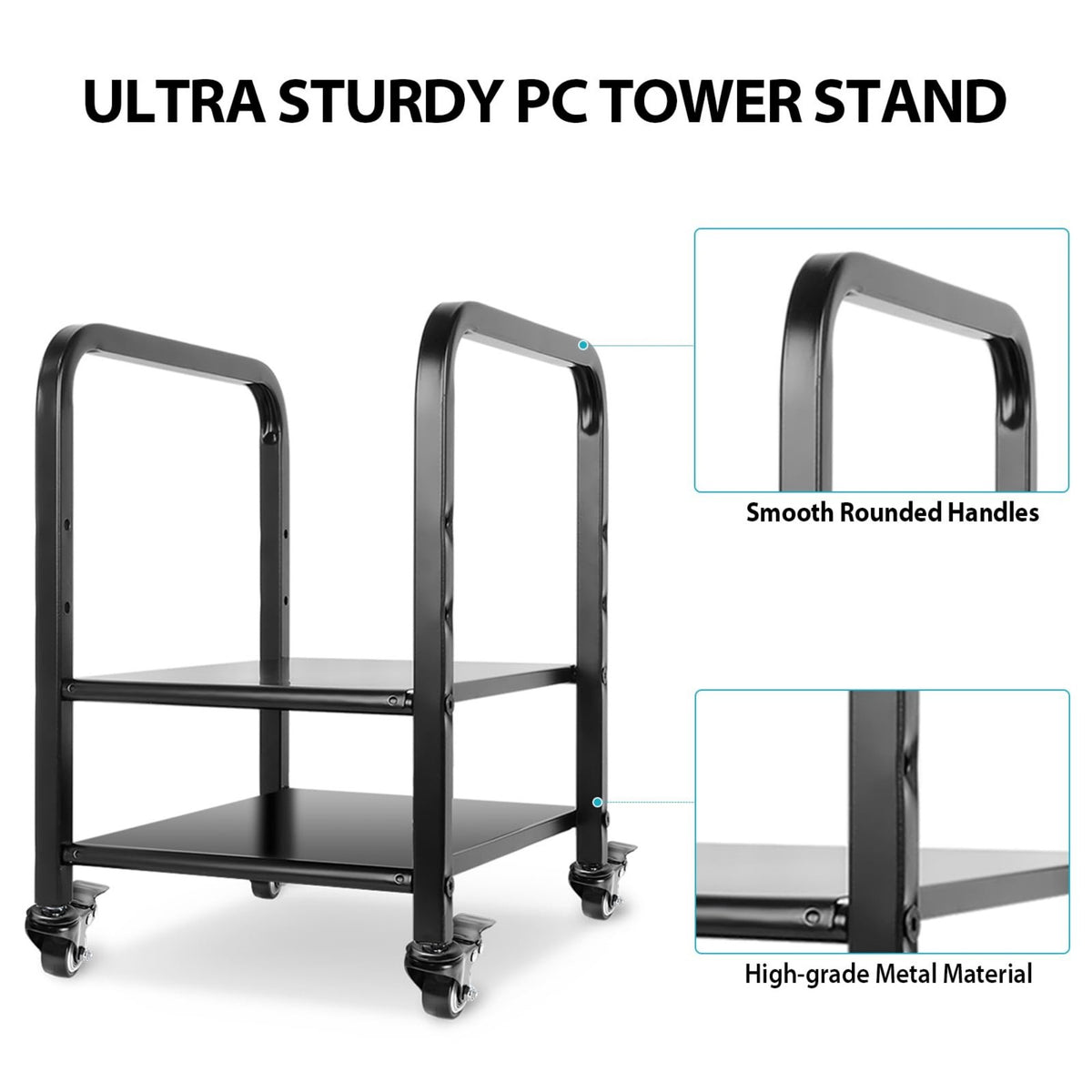 Black 2-tier CPU holder cart with smooth rounded handles and high-grade metal legs on a gray desktop.