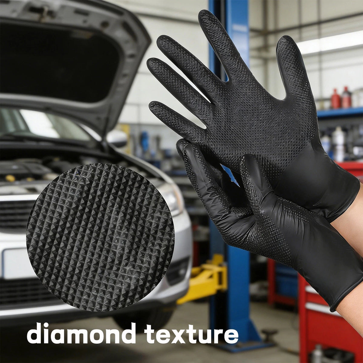 Heavy Duty Black Nitrile Gloves, ULTRA 10 Mil Diamond Textured Grip | 100 Count - Picture 4 of 7