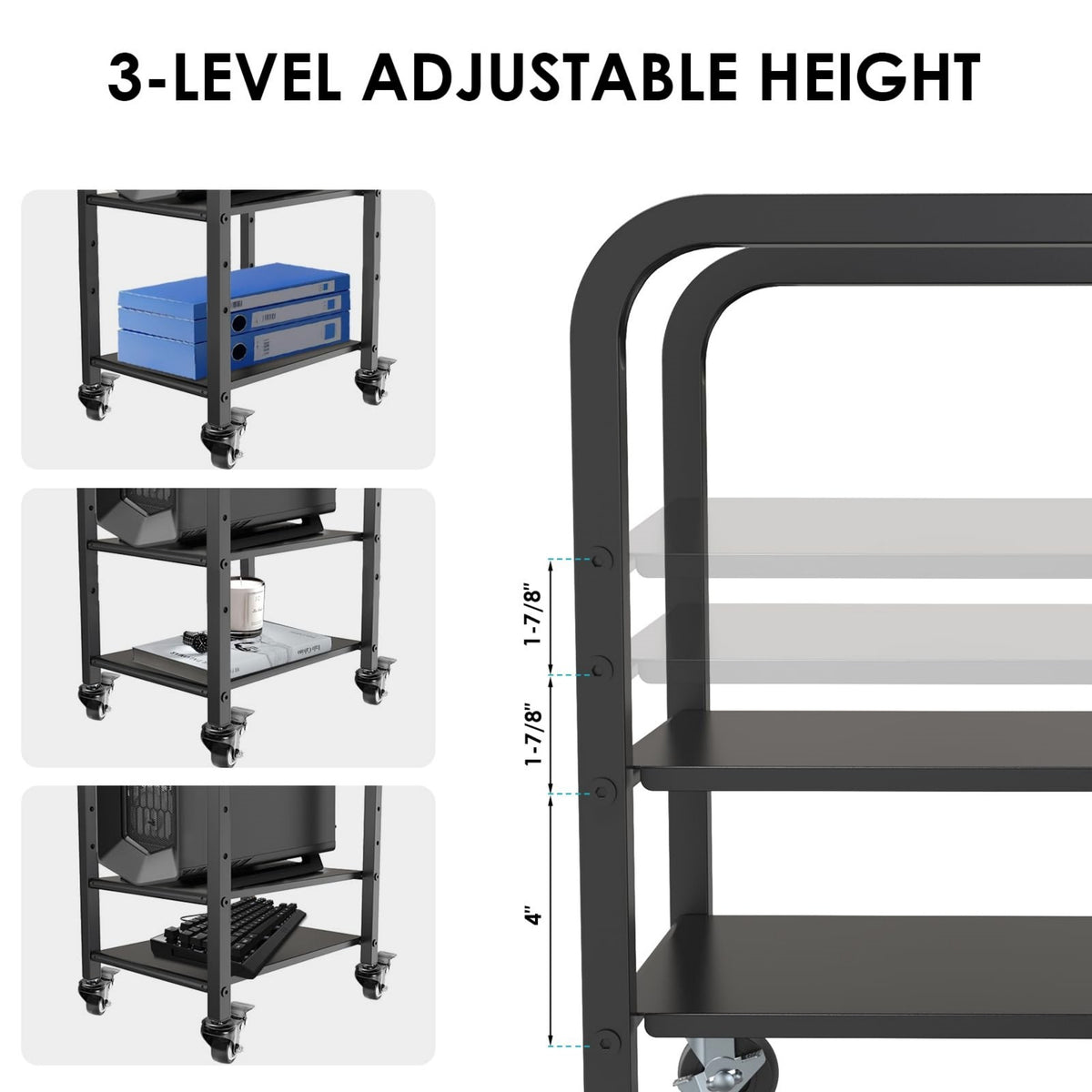 Black 2-tier CPU holder cart with metal legs, side shelves, and adjustable height, shown with blue and white storage boxes.